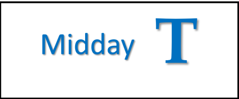 The image shows the word "Midday" in blue text followed by a large blue letter "T" on a white background.